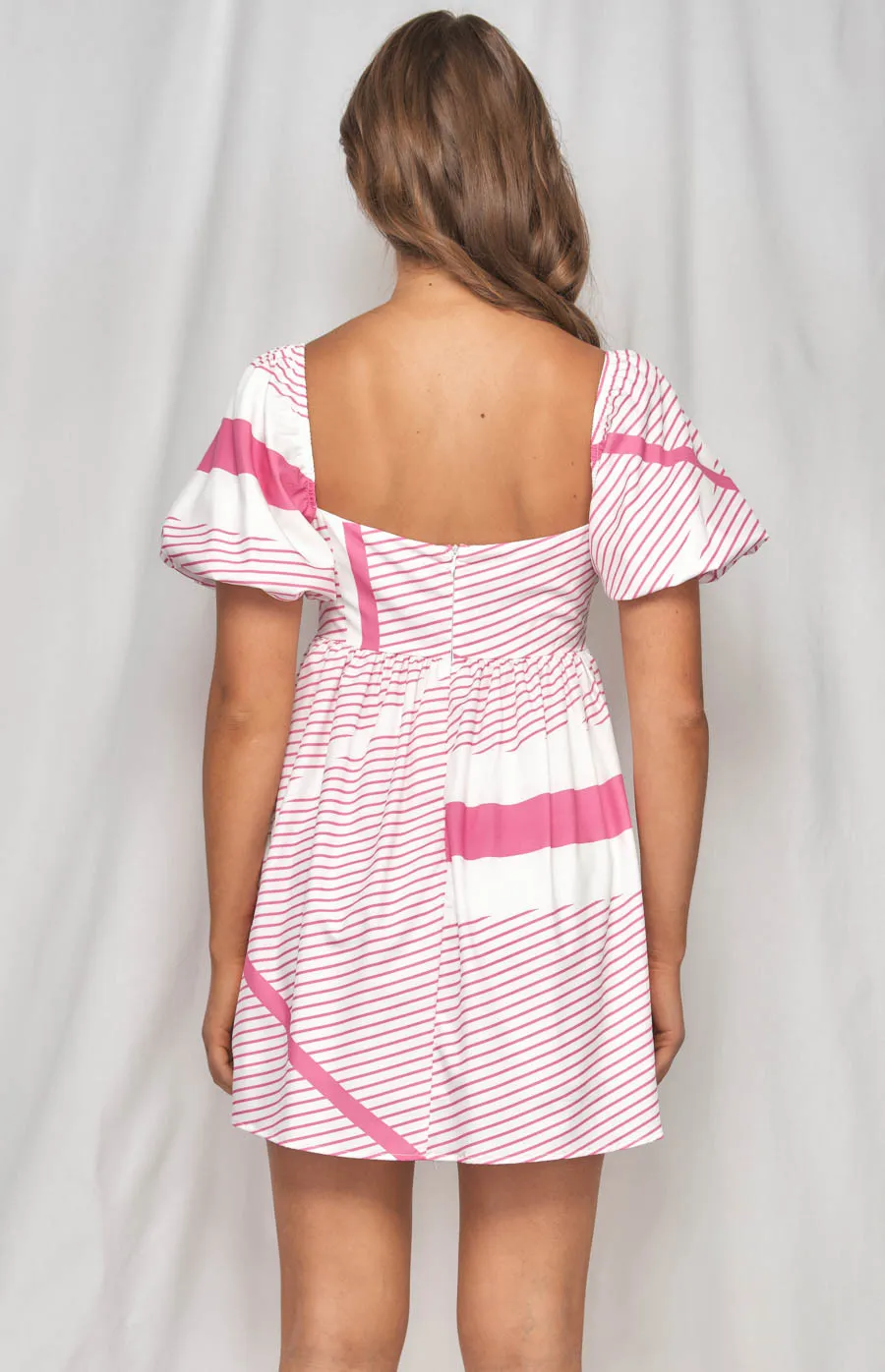 Abstract Stripe Baby Doll Dress with Puff Sleeves (WDR386B)