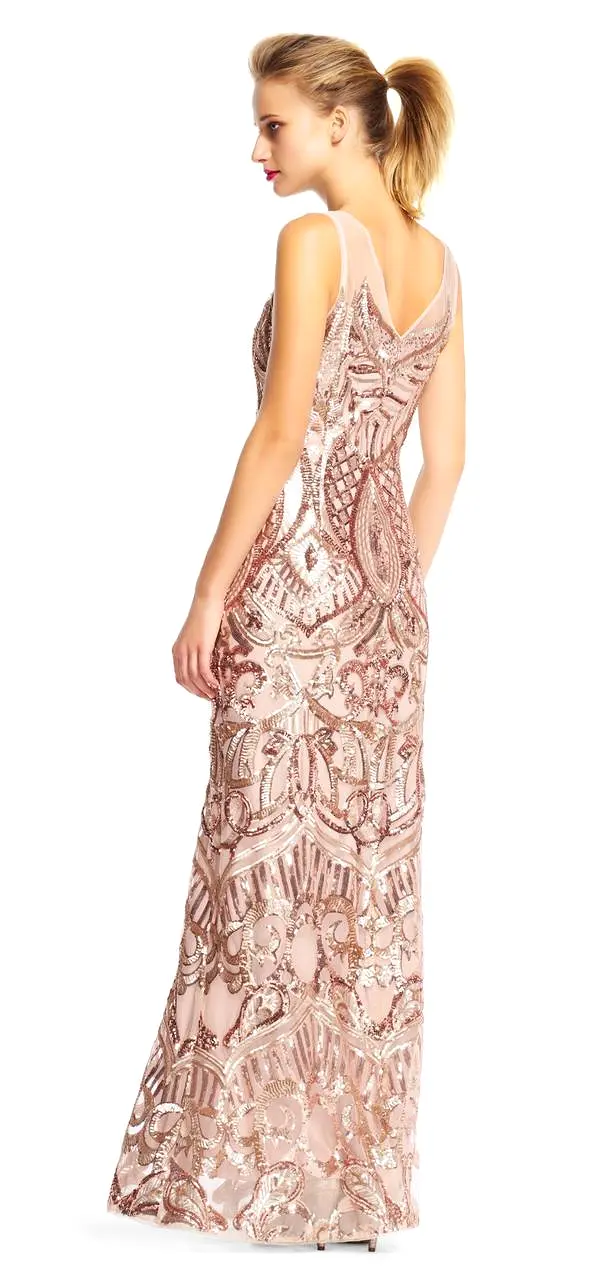 Adrianna Papell AP1E200620 Sleeveless Sheer Sequined Long Dress