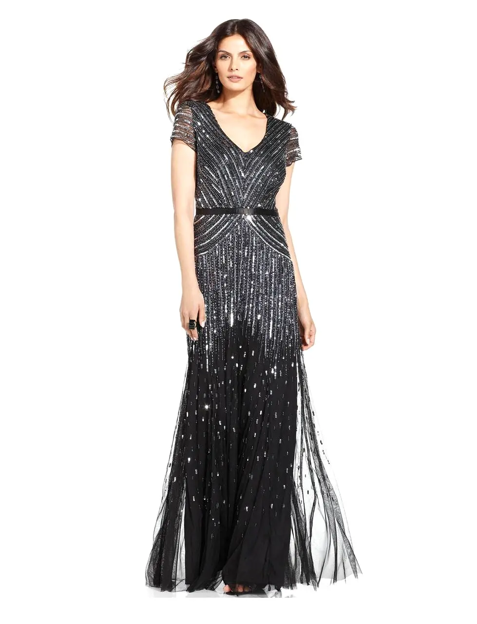 Adrianna Papell - V-Neckline Sequined Mesh Long Dress 62868950