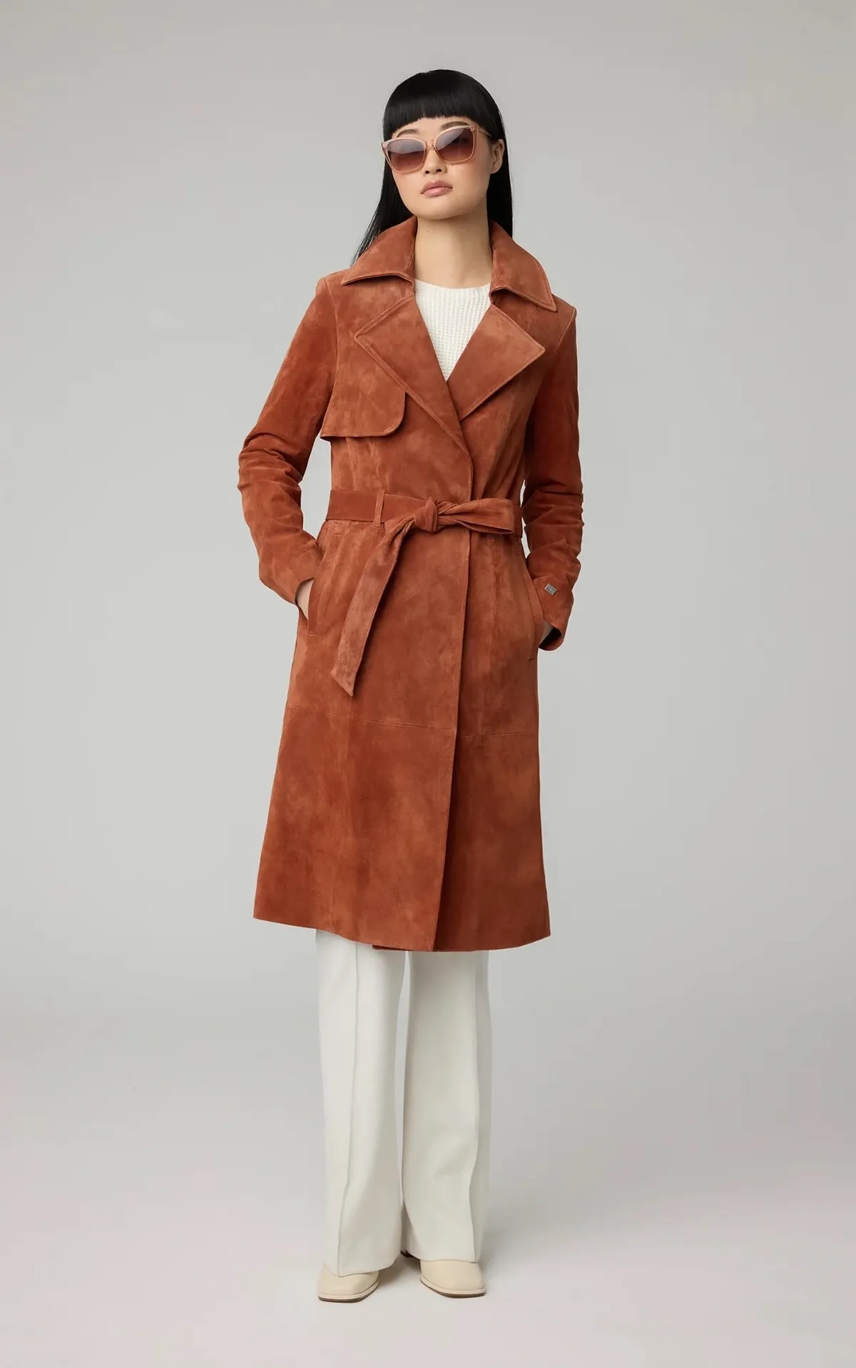 Alexis Slim Fit Suede Trench Coat - Copper