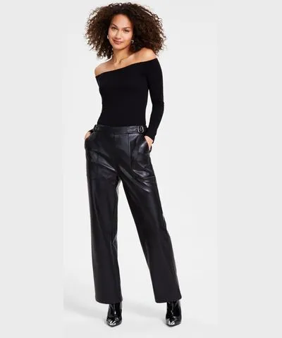 Bar III Women's Faux-Leather Belt-Waist Straight Pants