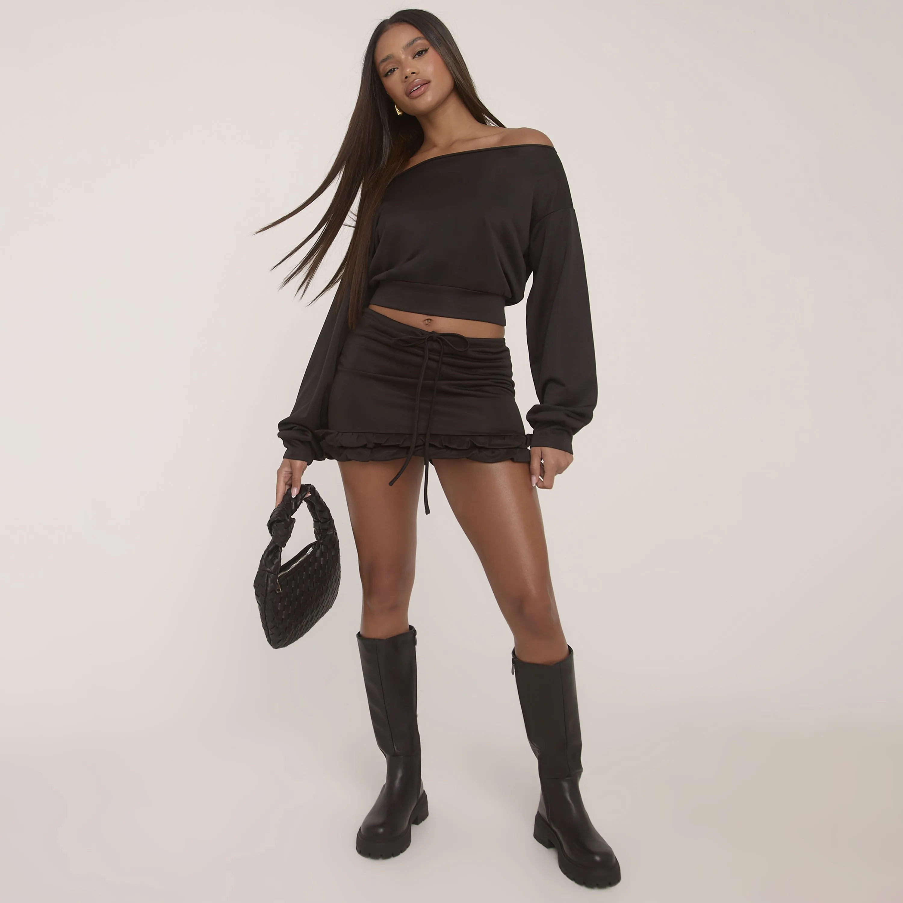 Bardot Top And Mid Rise Frill Hem Mini Skirt Co-Ord Set In Black