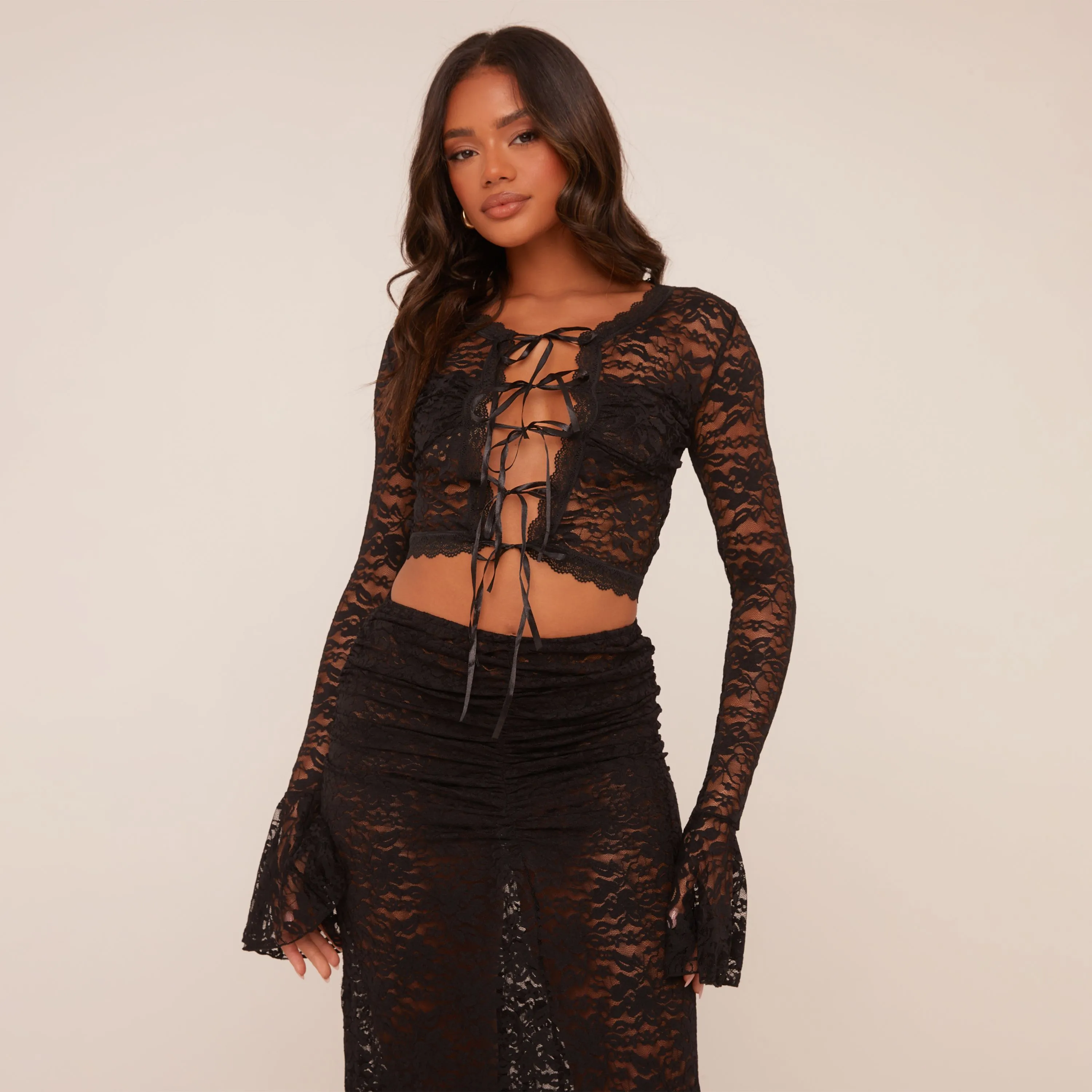 Bell Sleeve Lace Up Front Crop Top And Ruched Detail Maxi Skirt Co-Ord Set In Black Lace