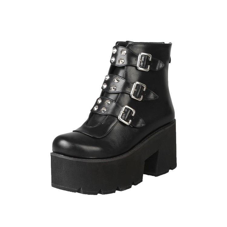 Biker Combat Boots Platforms Chunky Block High Heel