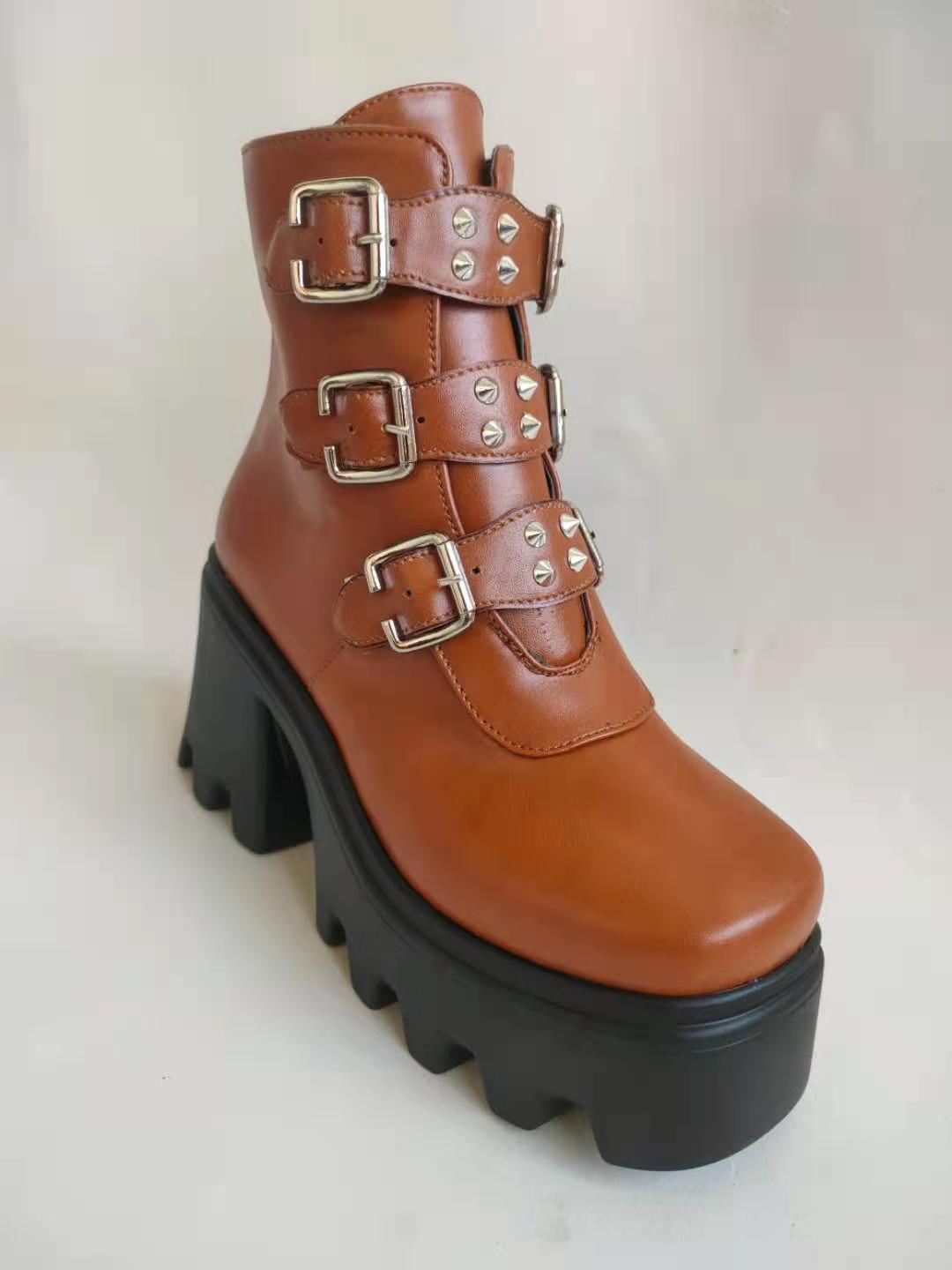 Biker Combat Boots Platforms Chunky Block High Heel