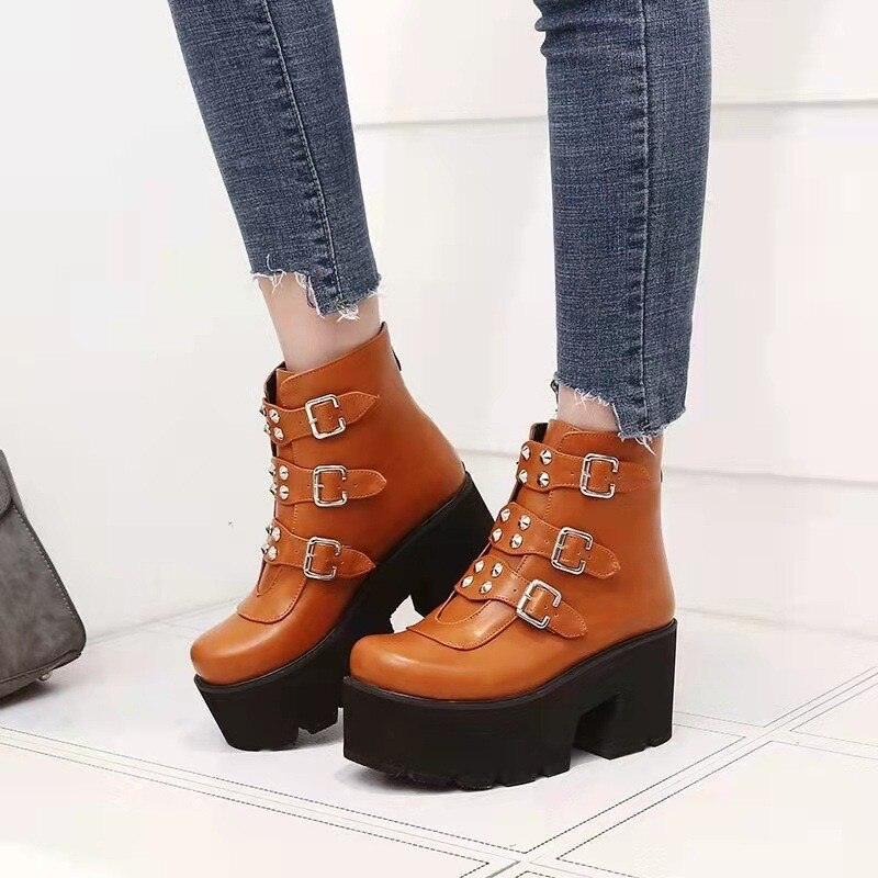 Biker Combat Boots Platforms Chunky Block High Heel