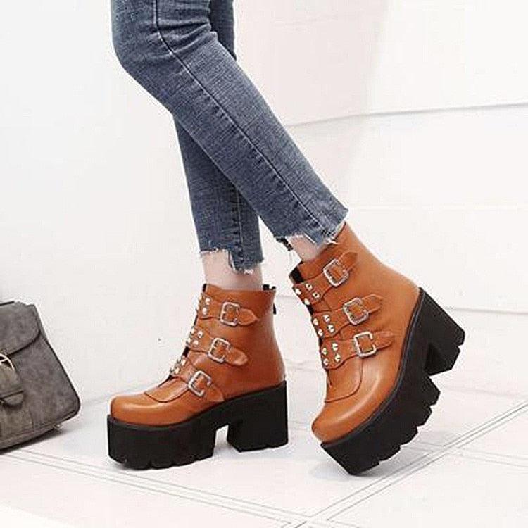 Biker Combat Boots Platforms Chunky Block High Heel