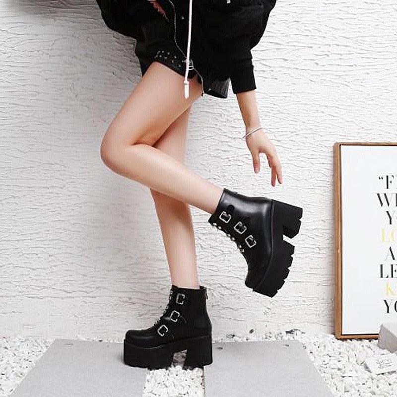 Biker Combat Boots Platforms Chunky Block High Heel