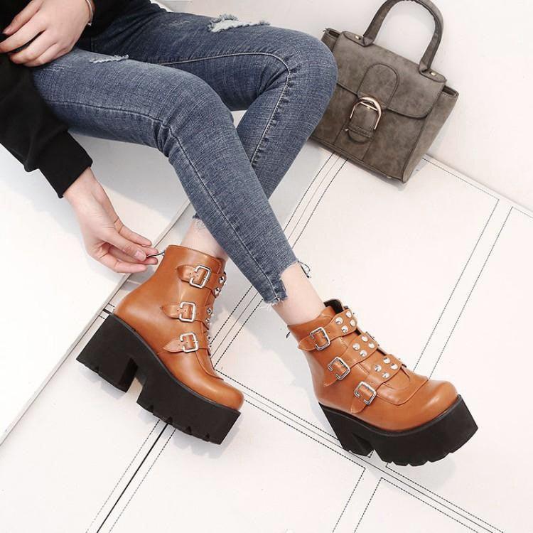 Biker Combat Boots Platforms Chunky Block High Heel