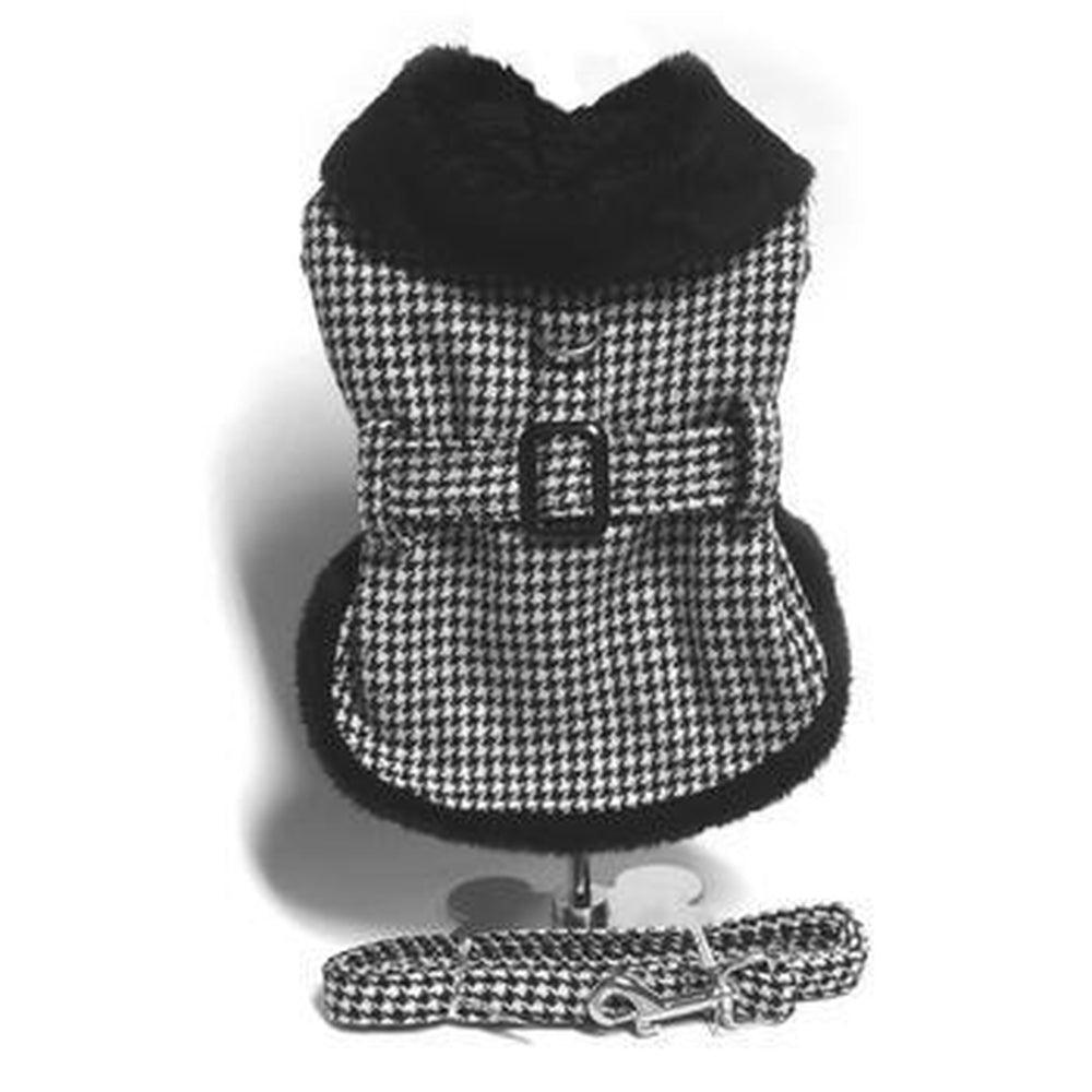 Black and White Classic Houndstooth Dog Harness Coat with Leash