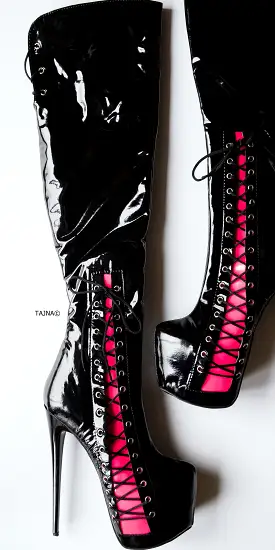 Black Pink Gloss Corset Detail Over Knee Boots