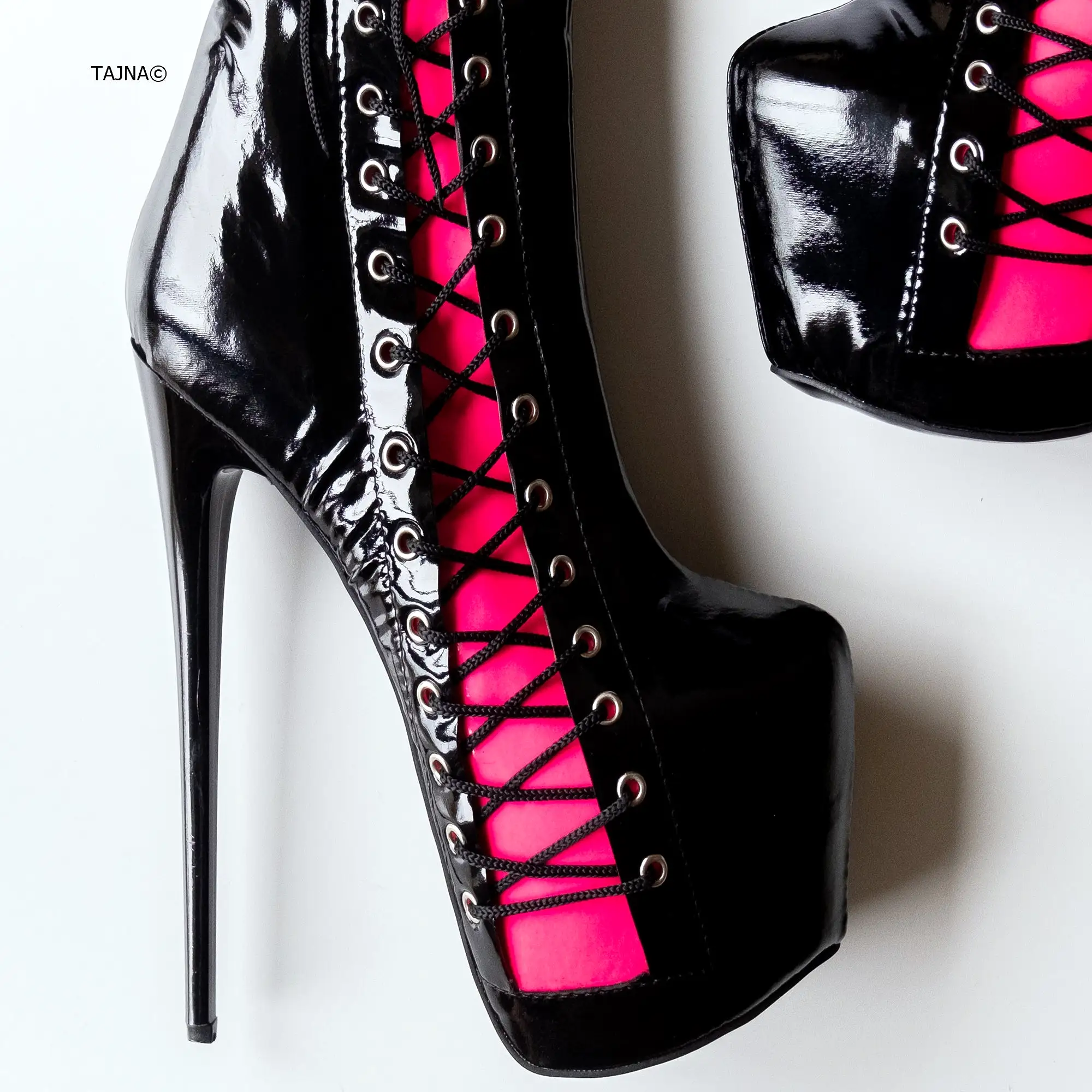 Black Pink Gloss Corset Detail Over Knee Boots