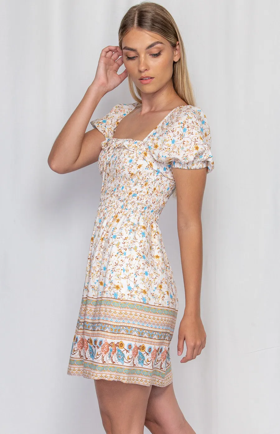 Boho Print Square Neck Shirred Detail Dress (WDR241B) 