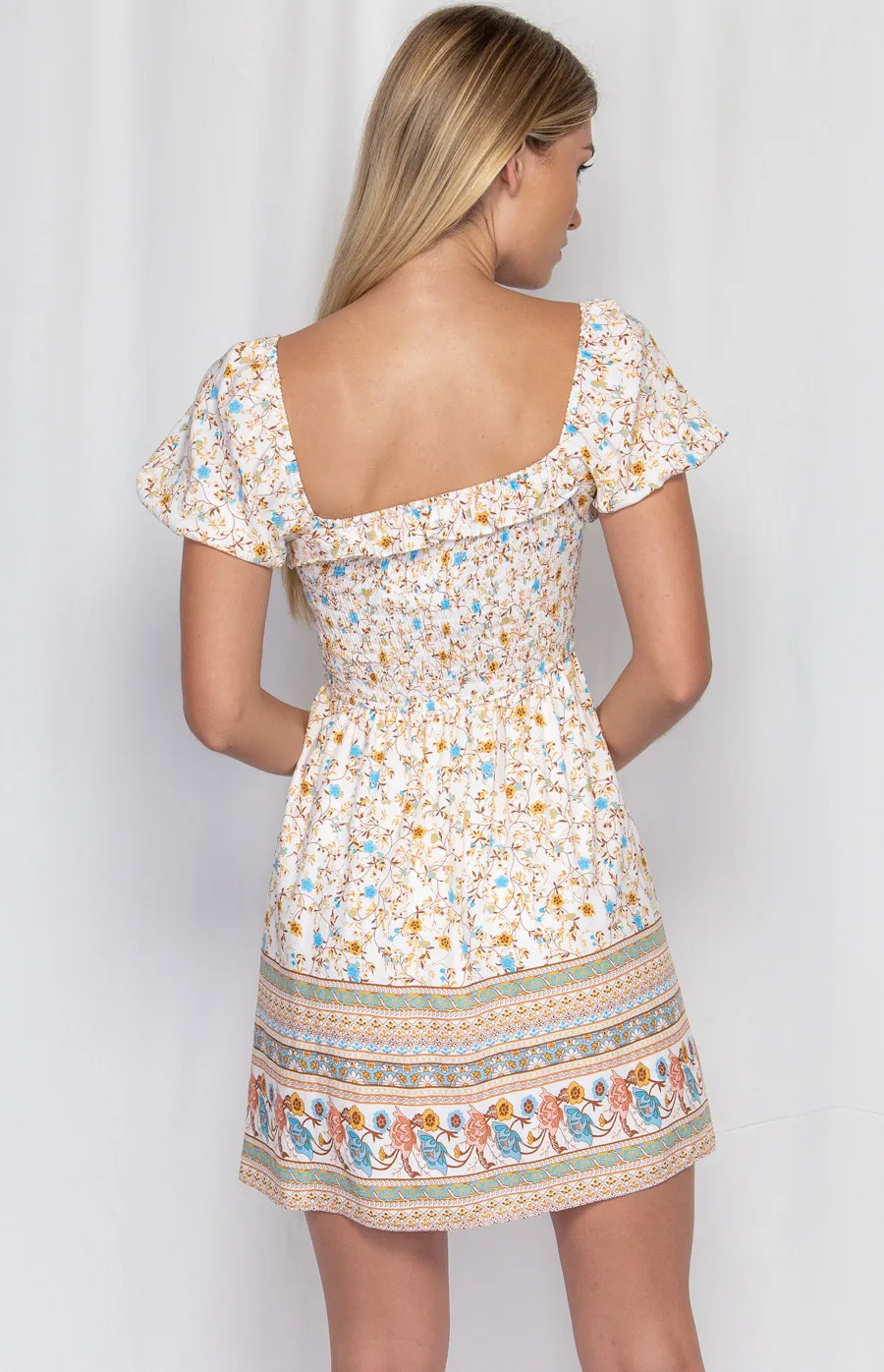 Boho Print Square Neck Shirred Detail Dress (WDR241B) 