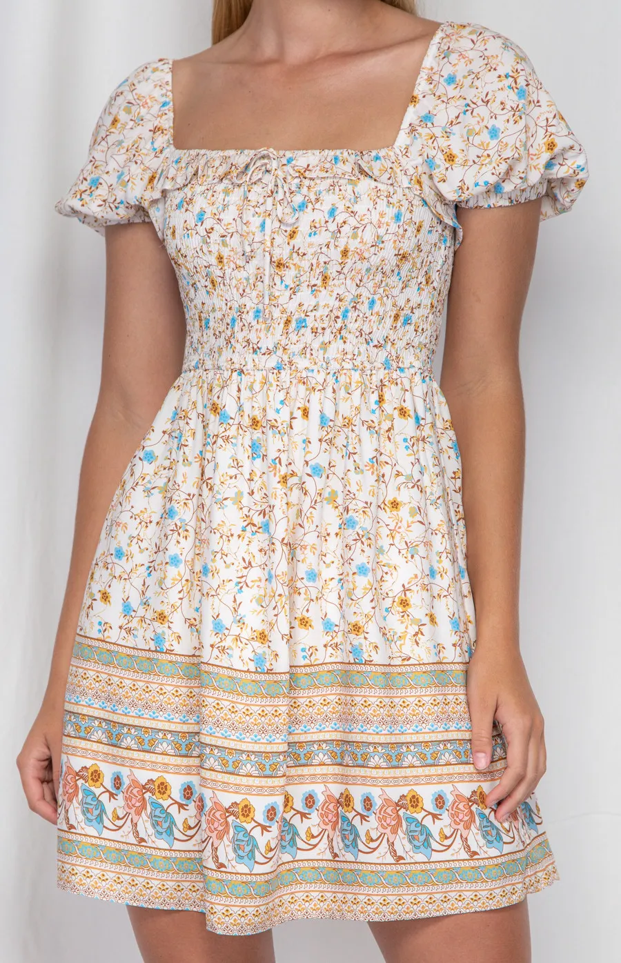 Boho Print Square Neck Shirred Detail Dress (WDR241B) 