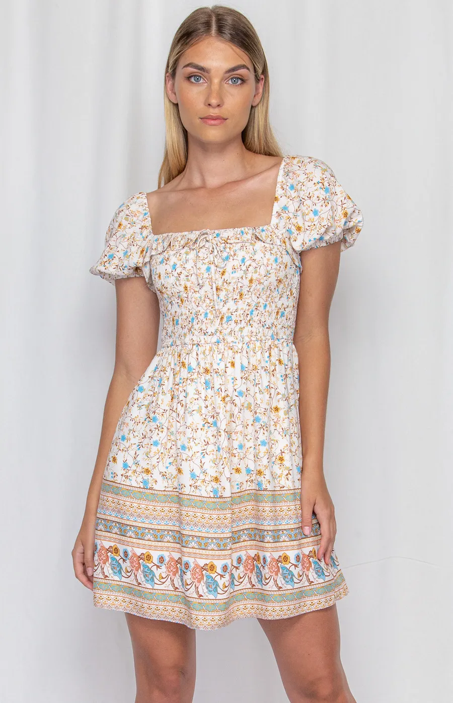 Boho Print Square Neck Shirred Detail Dress (WDR241B) 