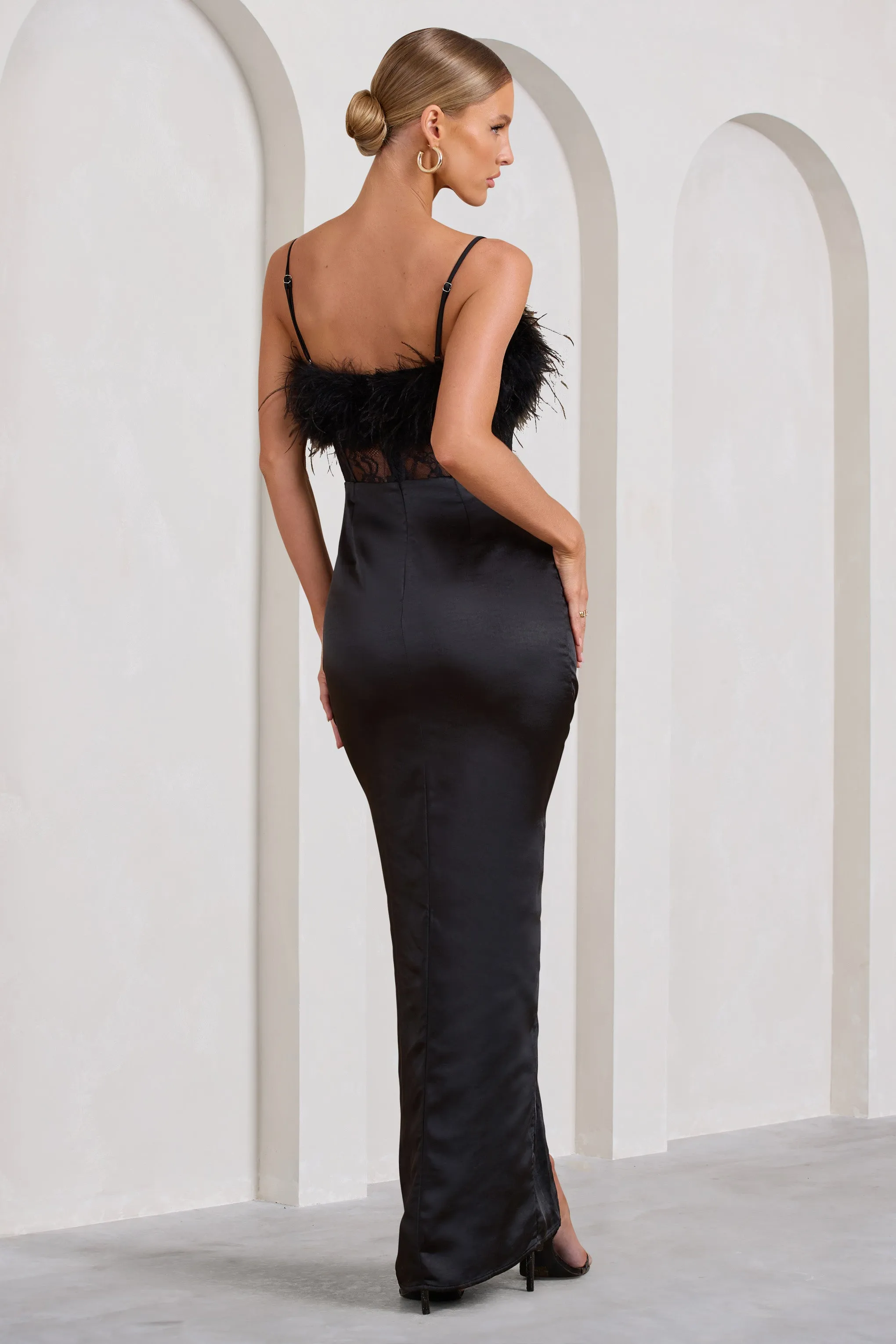 Countess | Black Lace Corset Maxi Dress With Feather Trim