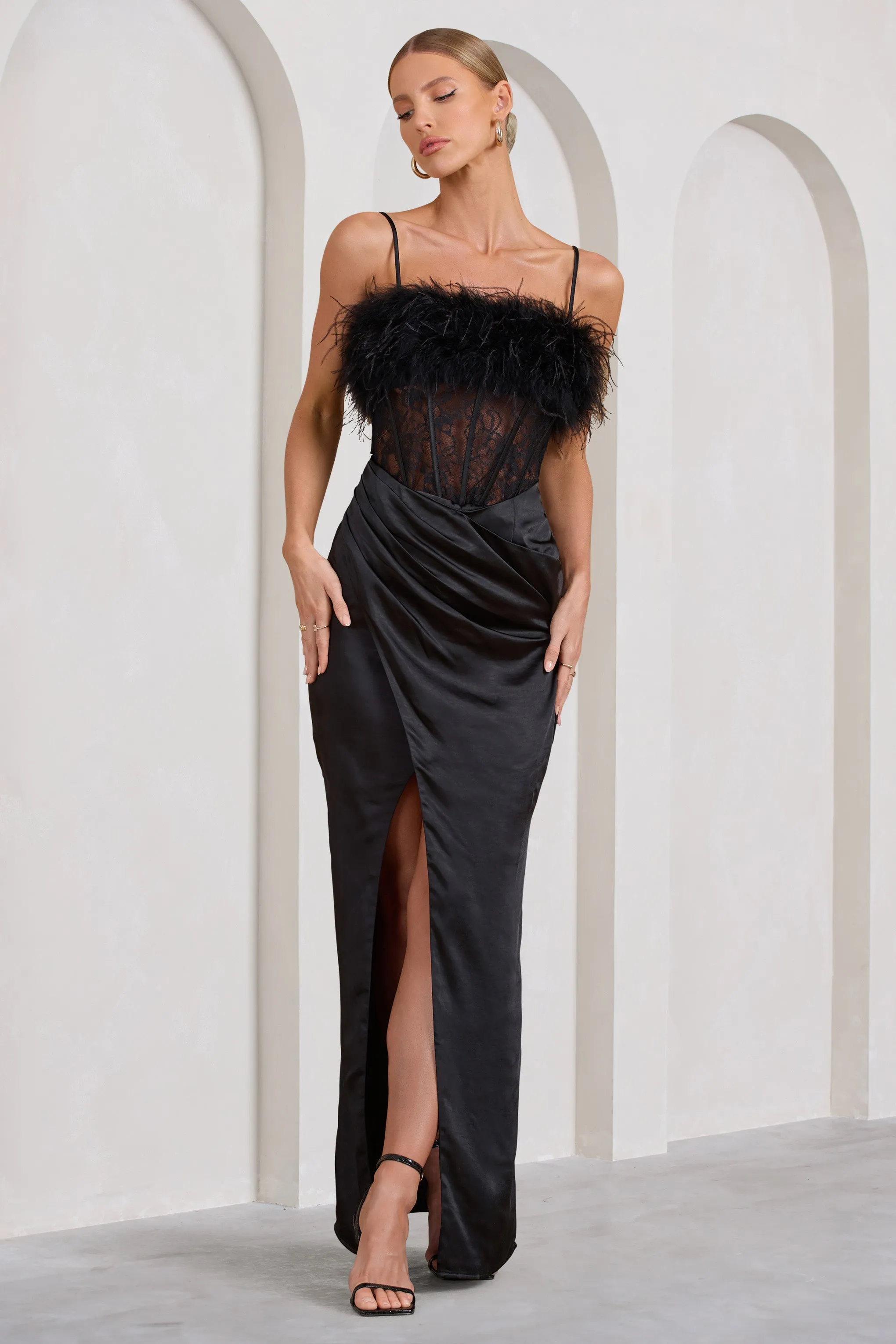 Countess | Black Lace Corset Maxi Dress With Feather Trim