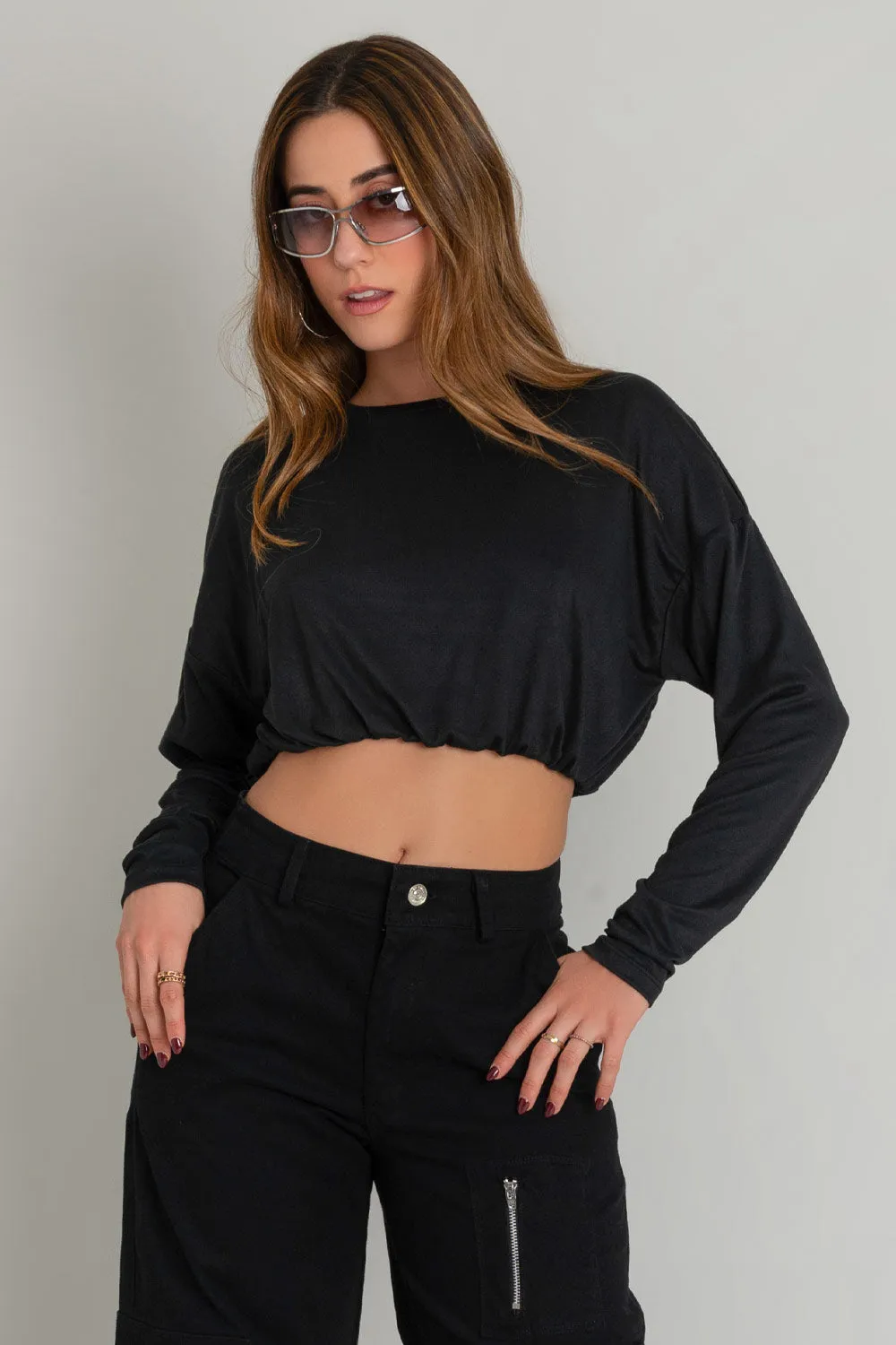 Crop top de fit abullonado manga larga