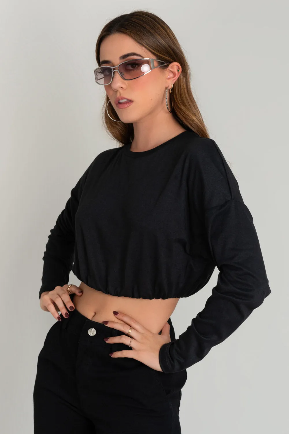 Crop top de fit abullonado manga larga