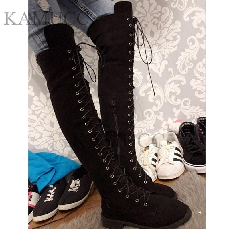 Cross Strap Leather High Boots