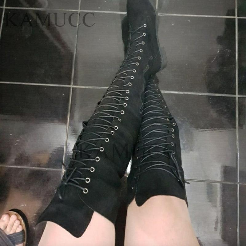 Cross Strap Leather High Boots