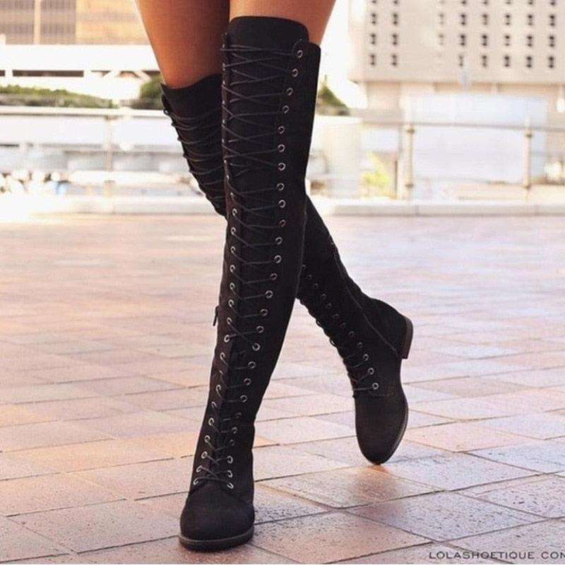 Cross Strap Leather High Boots