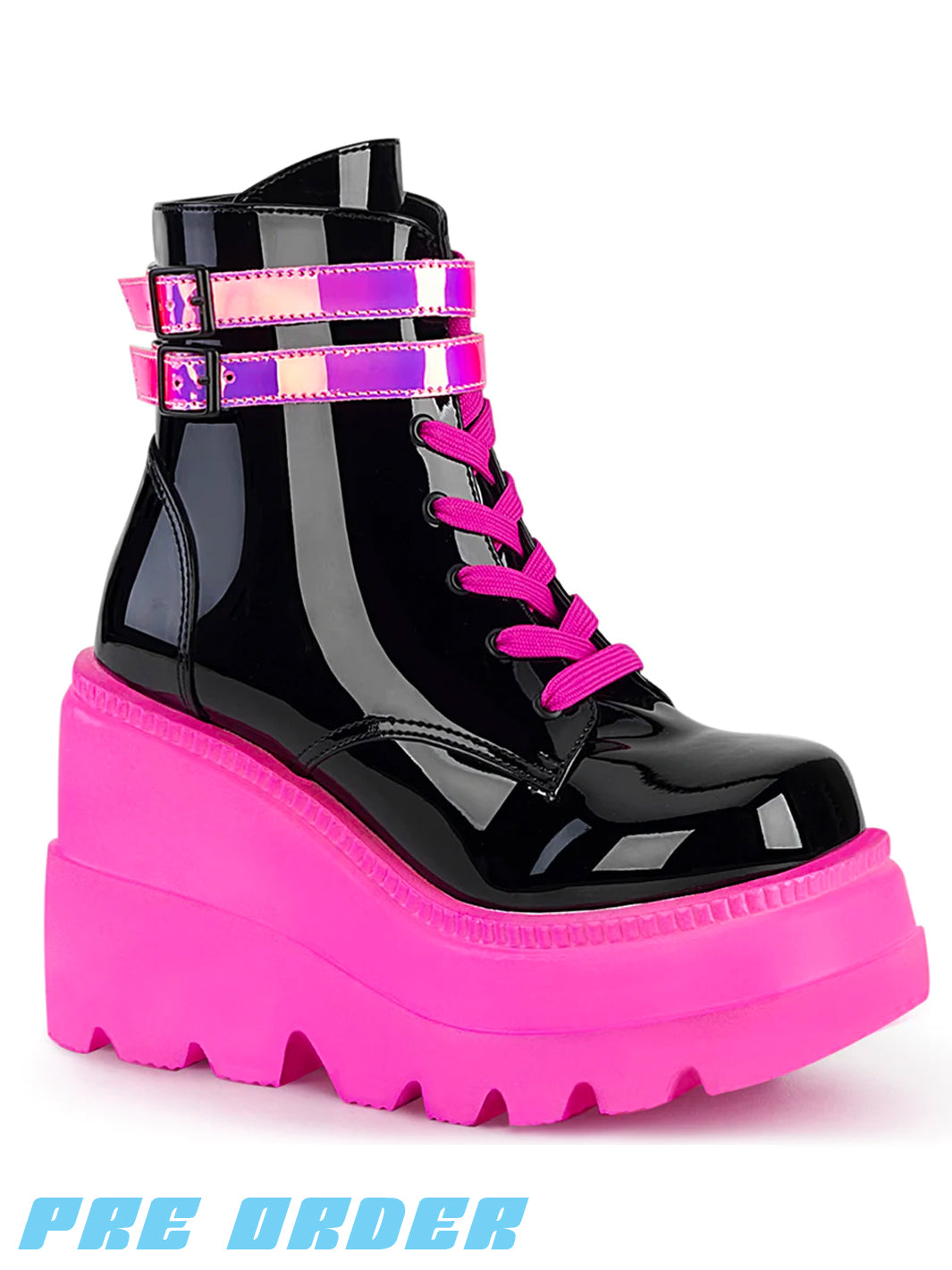 DEMONIA SHAKER-52 PLATFORM BOOTS - BLACK PATENT UV NEON PINK  PRE ORDER 