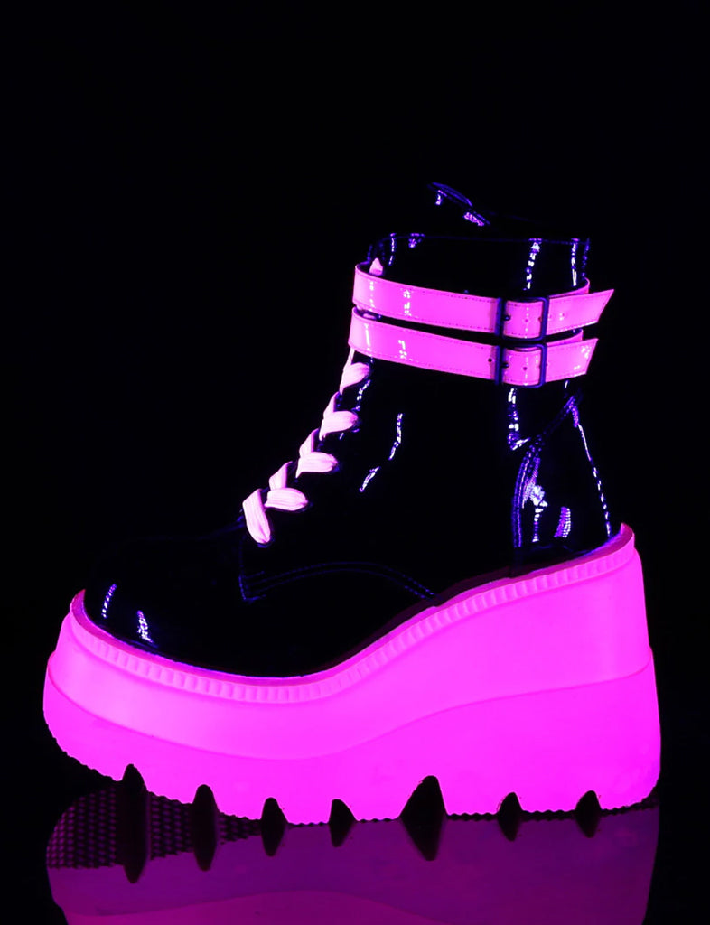 DEMONIA SHAKER-52 PLATFORM BOOTS - BLACK PATENT UV NEON PINK  PRE ORDER 