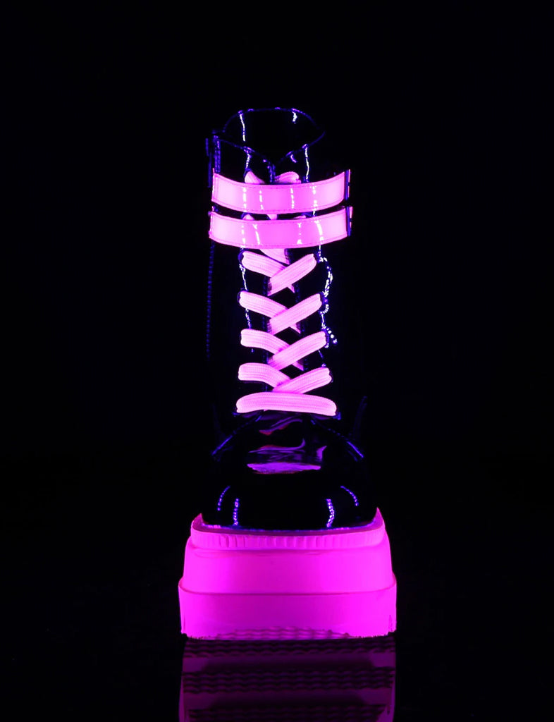 DEMONIA SHAKER-52 PLATFORM BOOTS - BLACK PATENT UV NEON PINK  PRE ORDER 