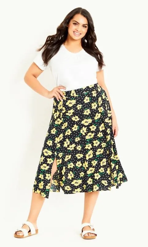 Evans Black & Yellow Floral Midi Skirt