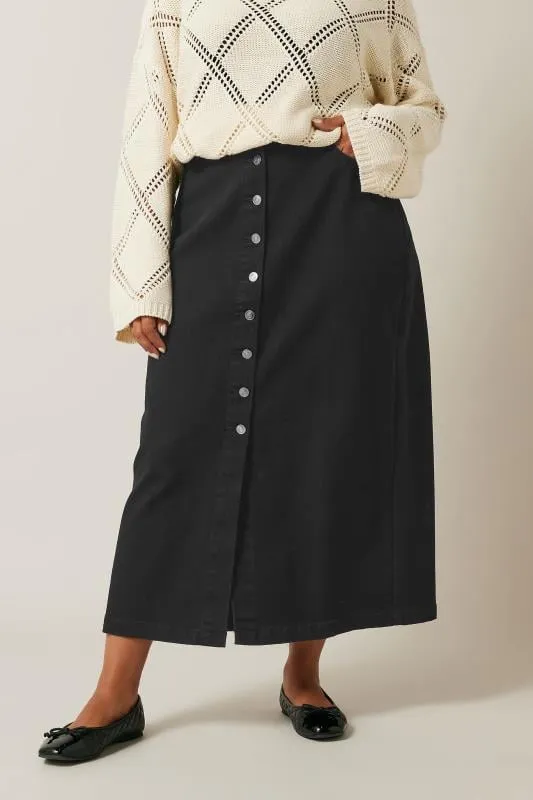 EVANS Curve Black Button Through Denim Maxi Skirt