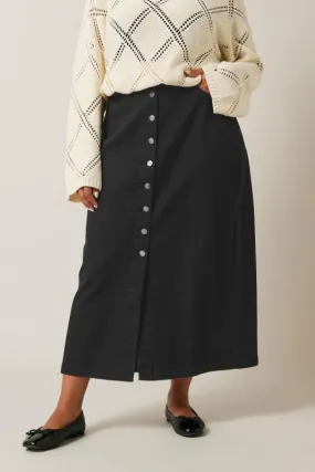 EVANS Curve Black Button Through Denim Maxi Skirt