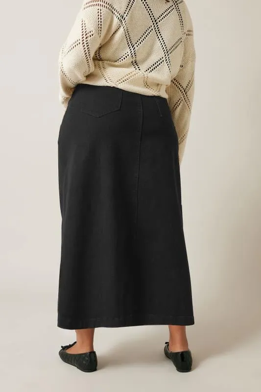 EVANS Curve Black Button Through Denim Maxi Skirt