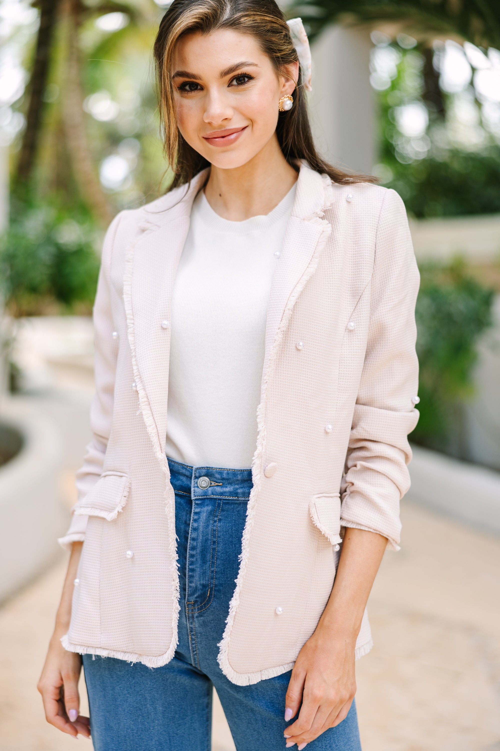 Feeling Inspired Cream White Pearl Embellished Blazer