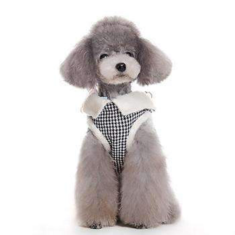 Furry Houndstooth Dog Harness Coat - Black