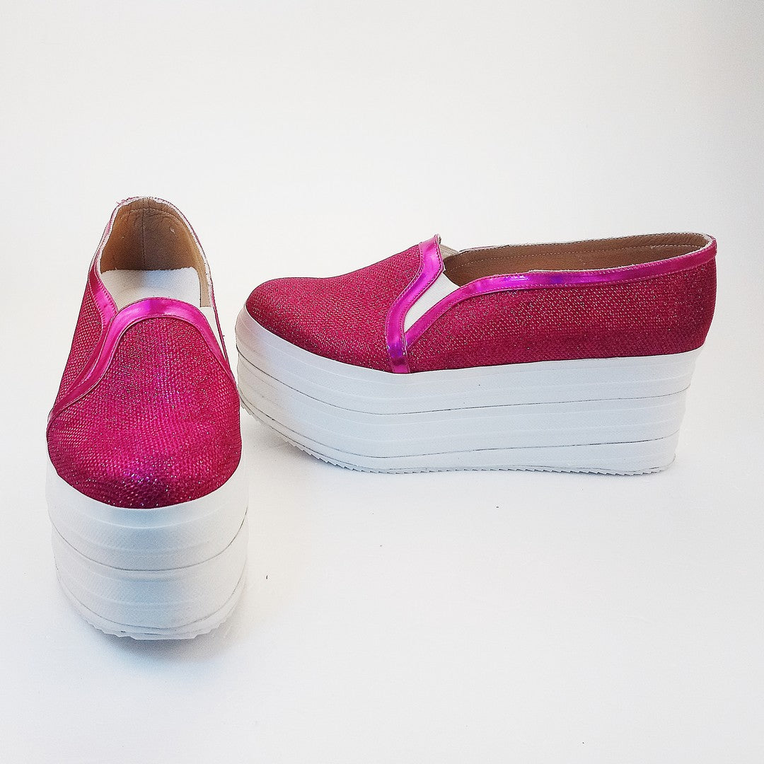 Fushia Pink Shinny Sneakers Wedge Platform Shoes