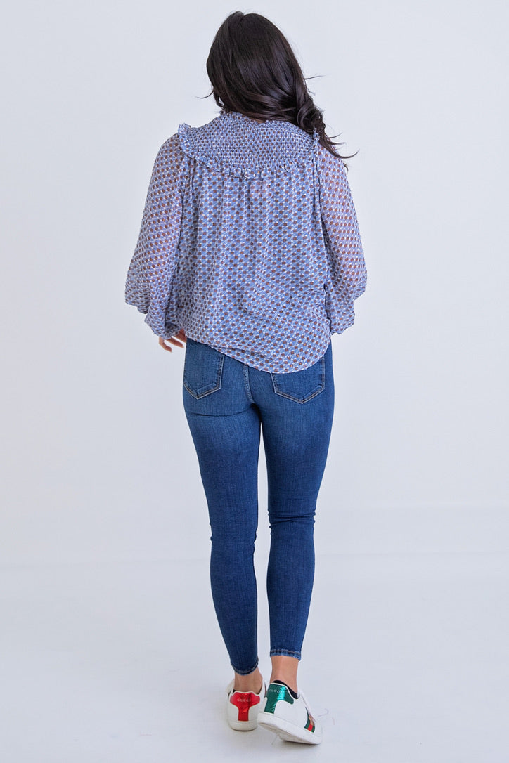 Geometric Smocked Button Top