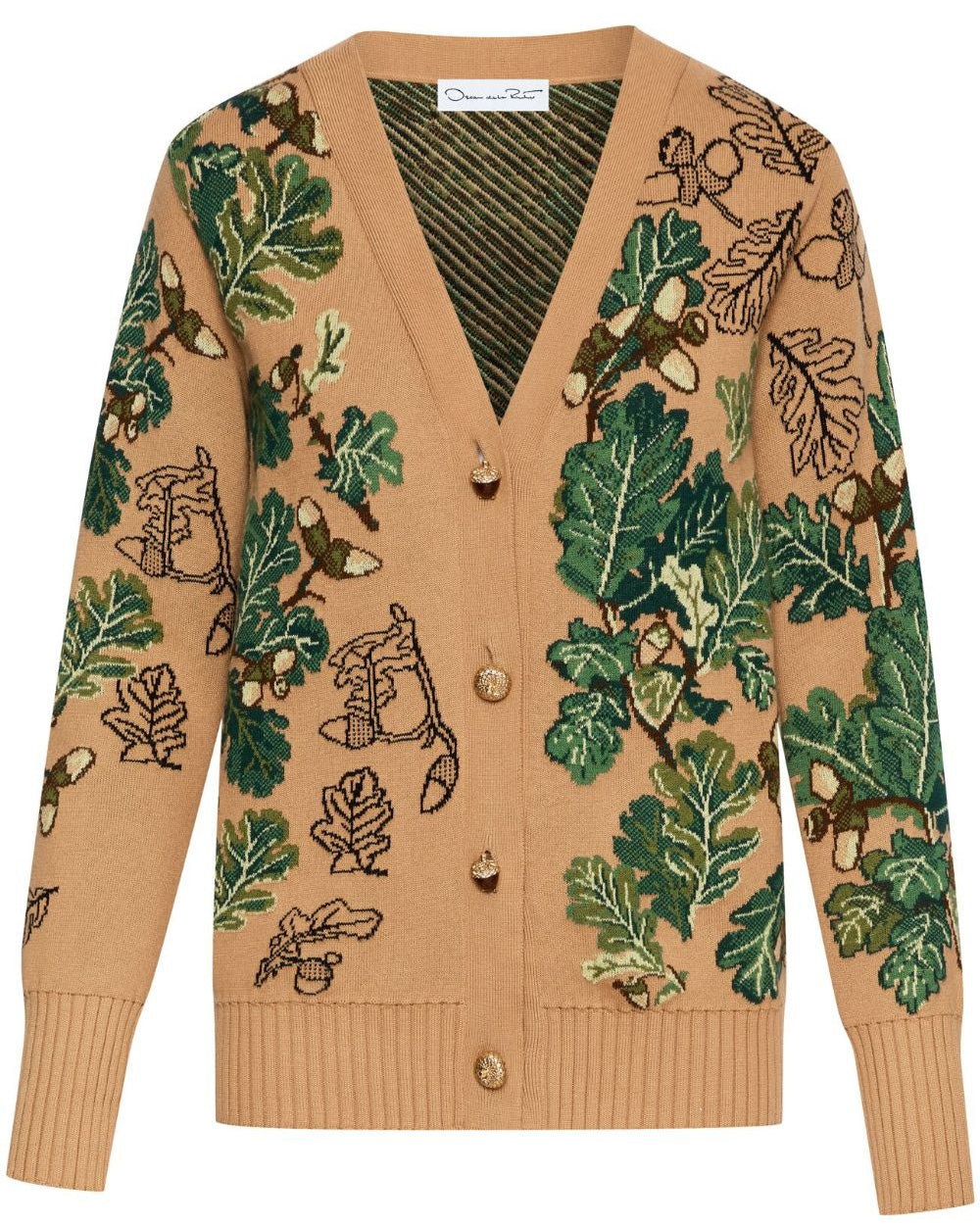 Green and Camel Acorn Jacquard Long Cardigan