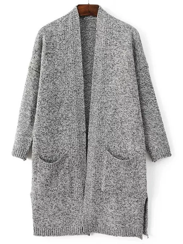 Grey Open Side Pocket Long Coat Cardigan