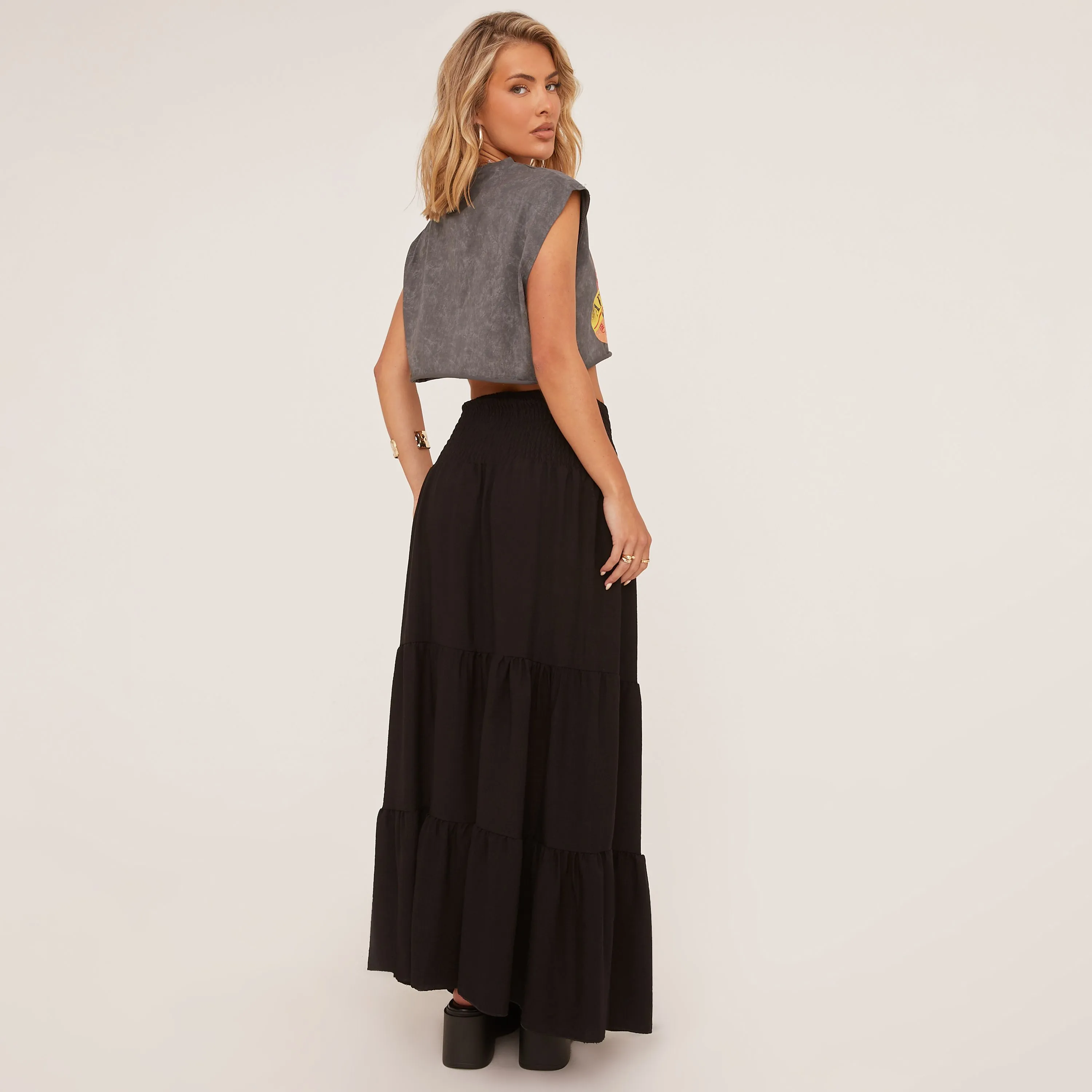 High Waist Side Split Tiered Maxi Skirt In Black