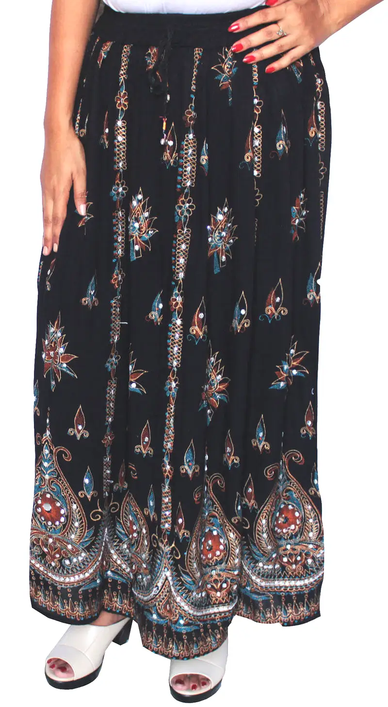 Indian Womens Skirt Long Sequins Maxi Length India Clothing (Black)