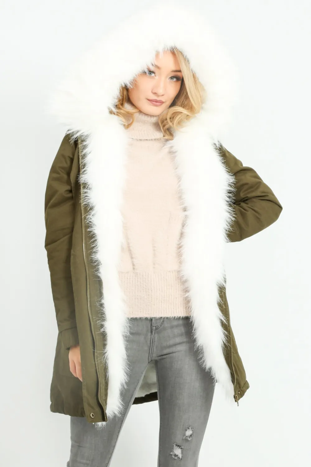 Khaki Parka With Faux Fur Lining In White