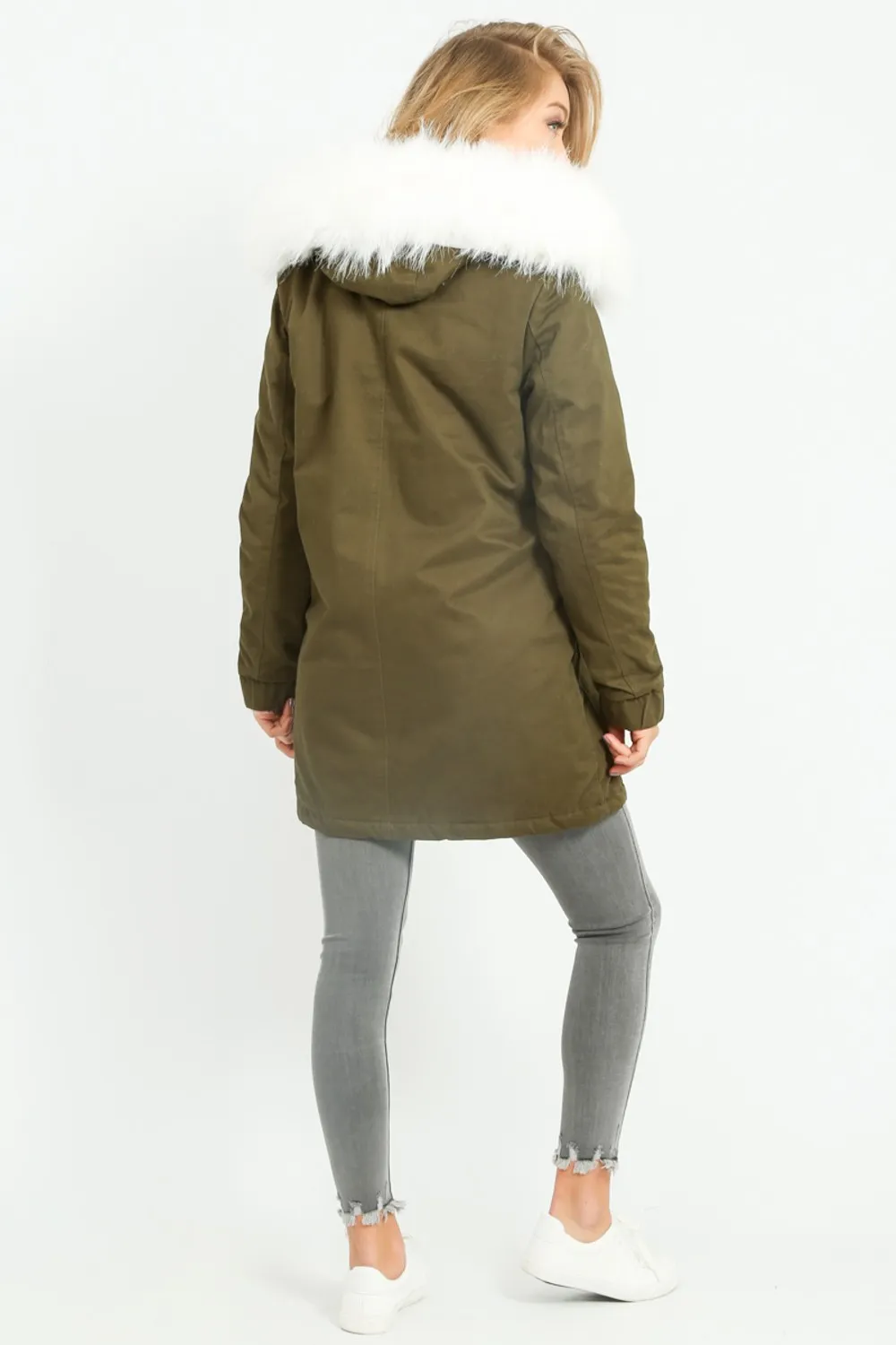 Khaki Parka With Faux Fur Lining In White