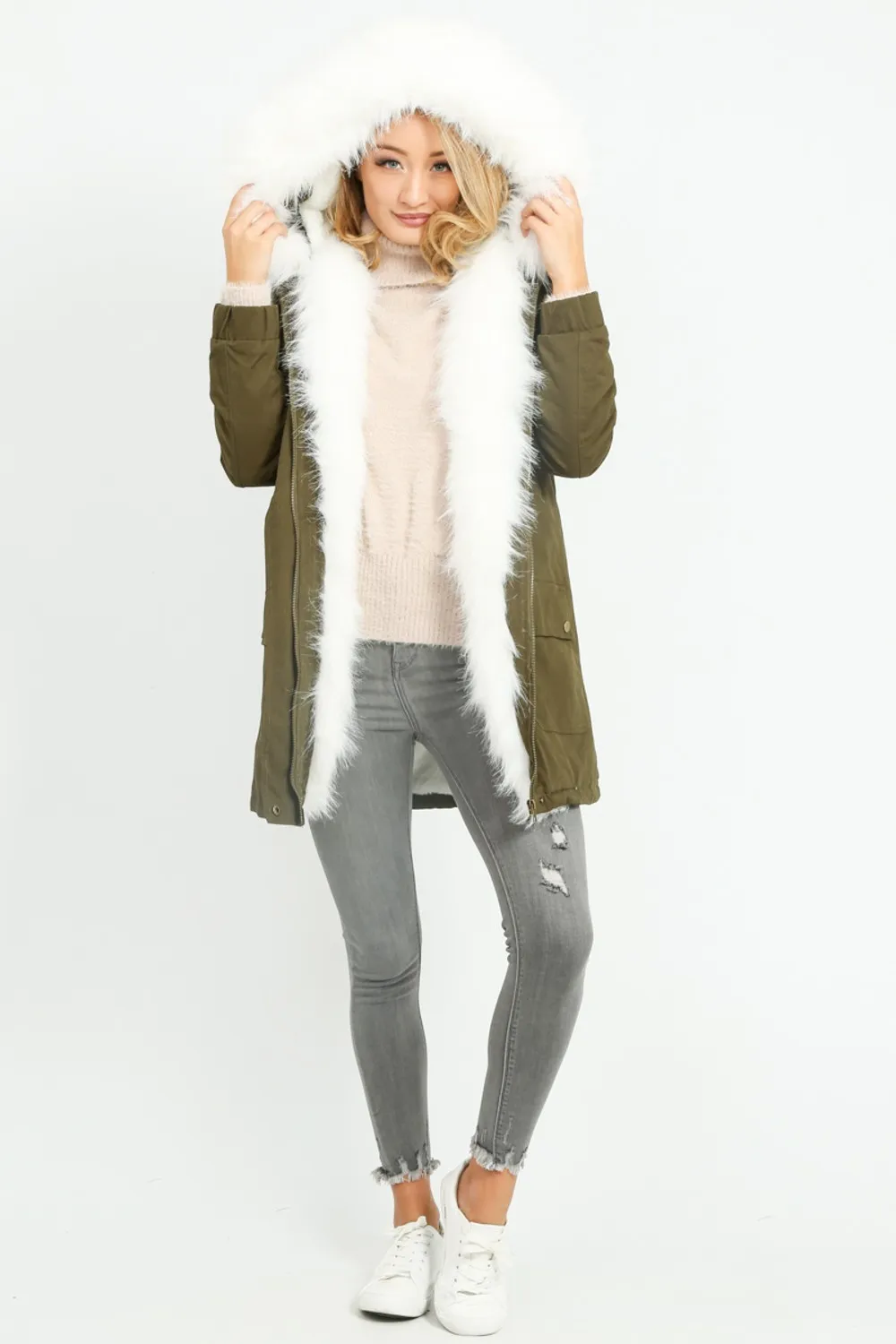 Khaki Parka With Faux Fur Lining In White