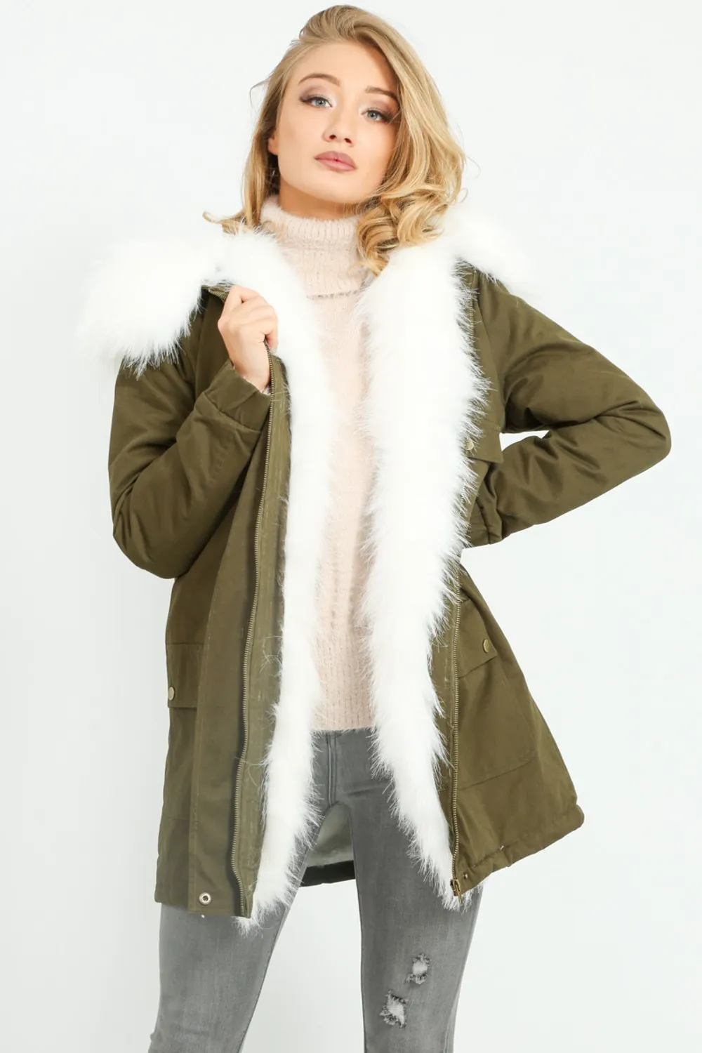 Khaki Parka With Faux Fur Lining In White