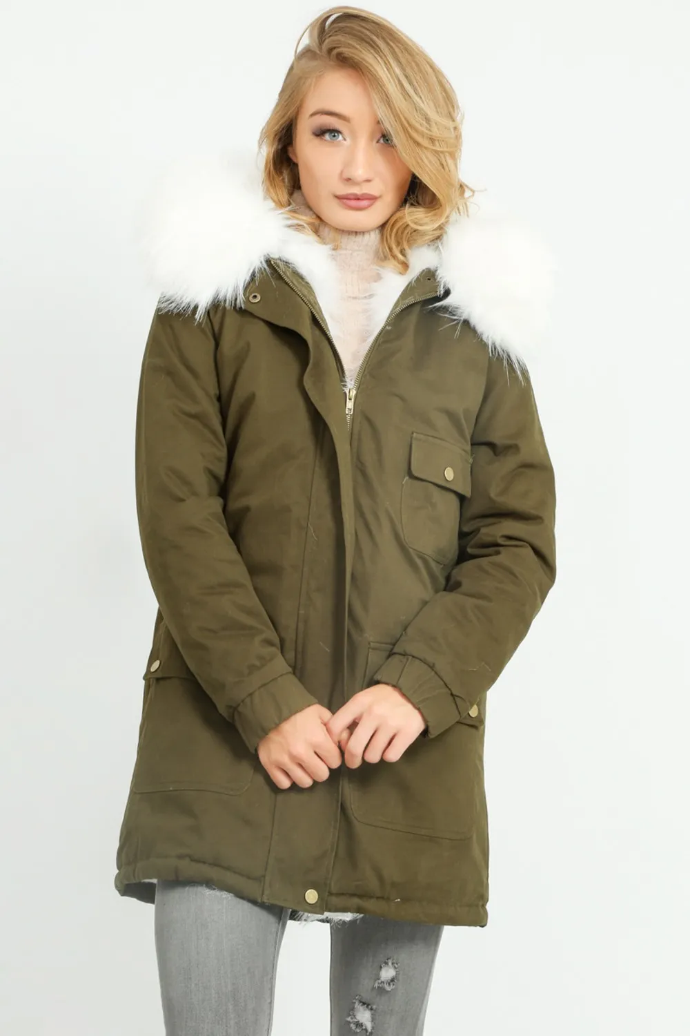 Khaki Parka With Faux Fur Lining In White