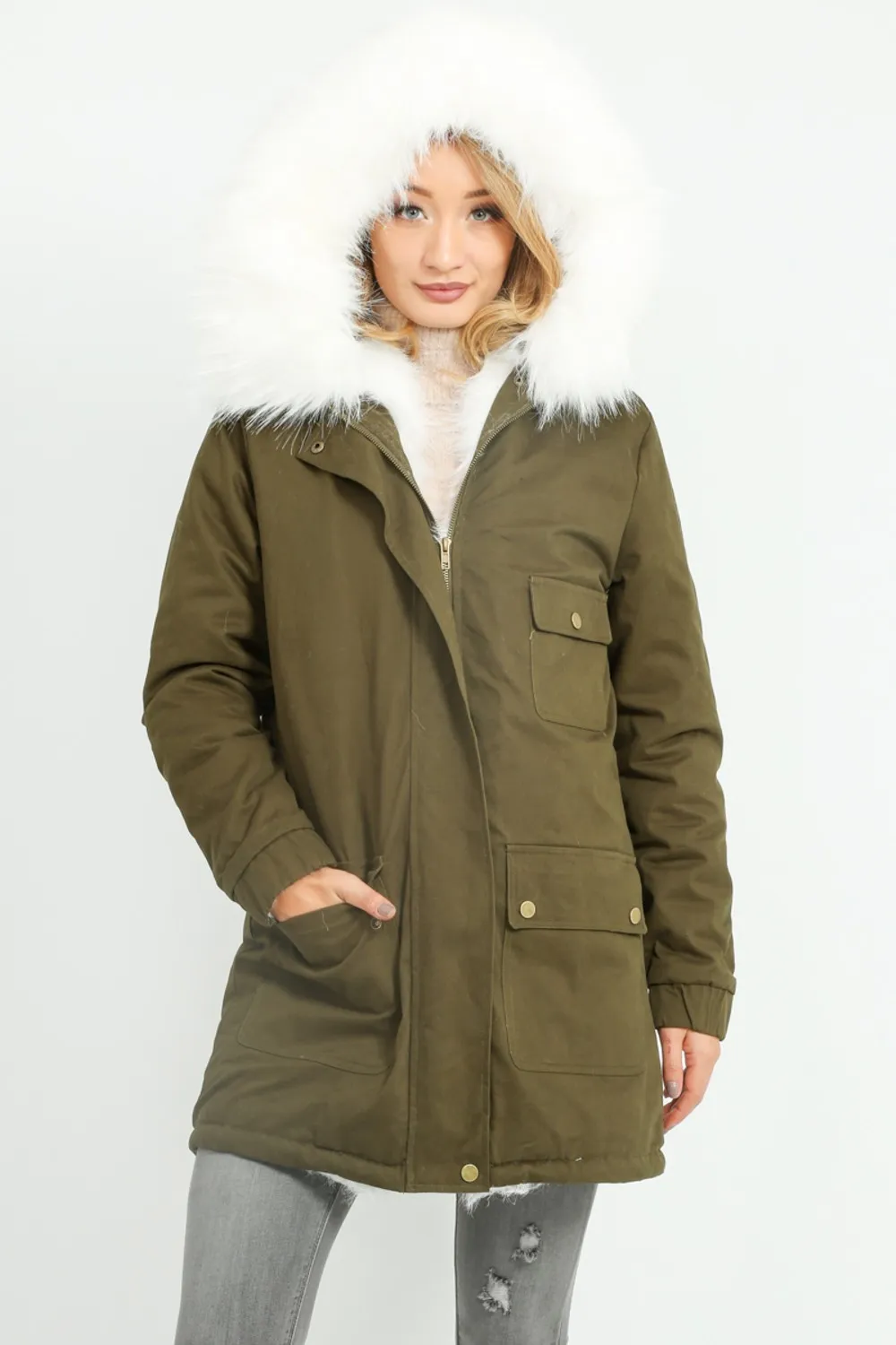 Khaki Parka With Faux Fur Lining In White