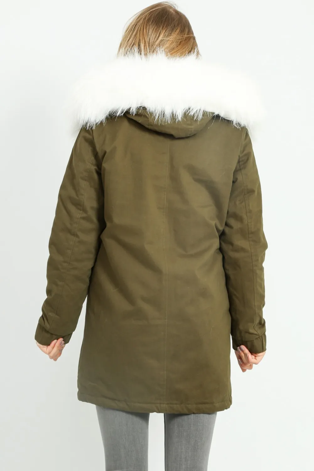 Khaki Parka With Faux Fur Lining In White