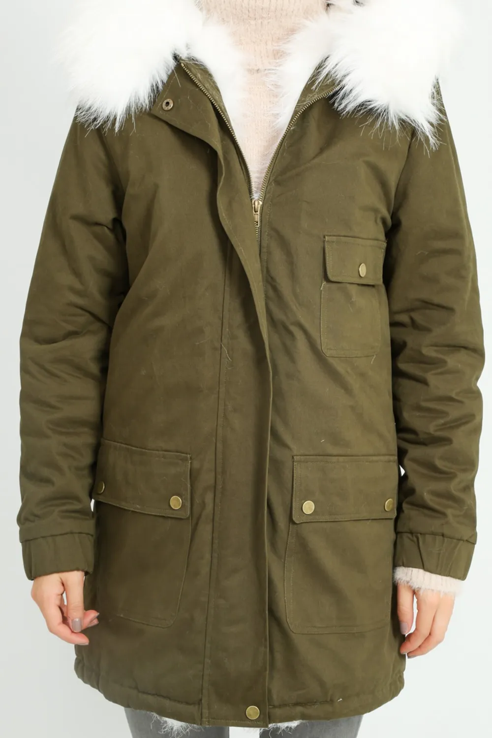 Khaki Parka With Faux Fur Lining In White